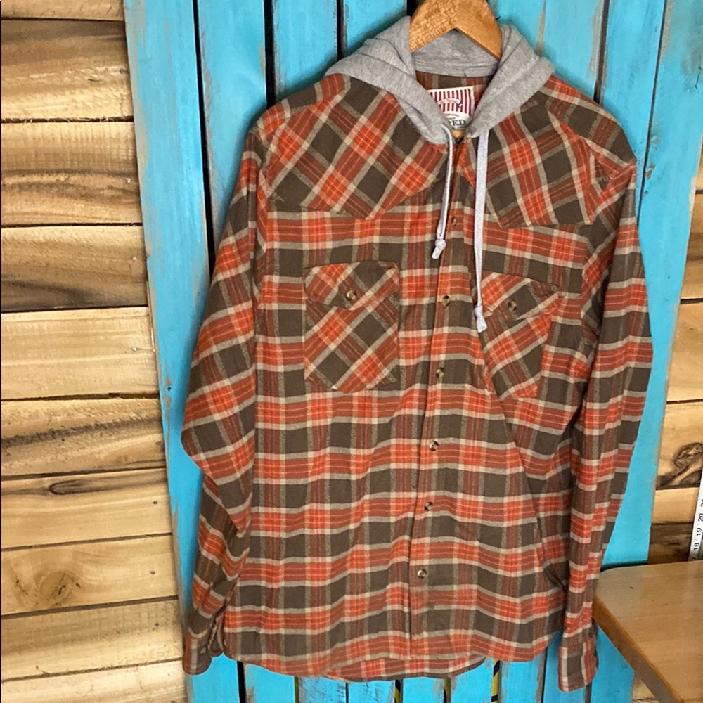 Jared Plaid Button-Up Shirt with Hood size XL orange brown
